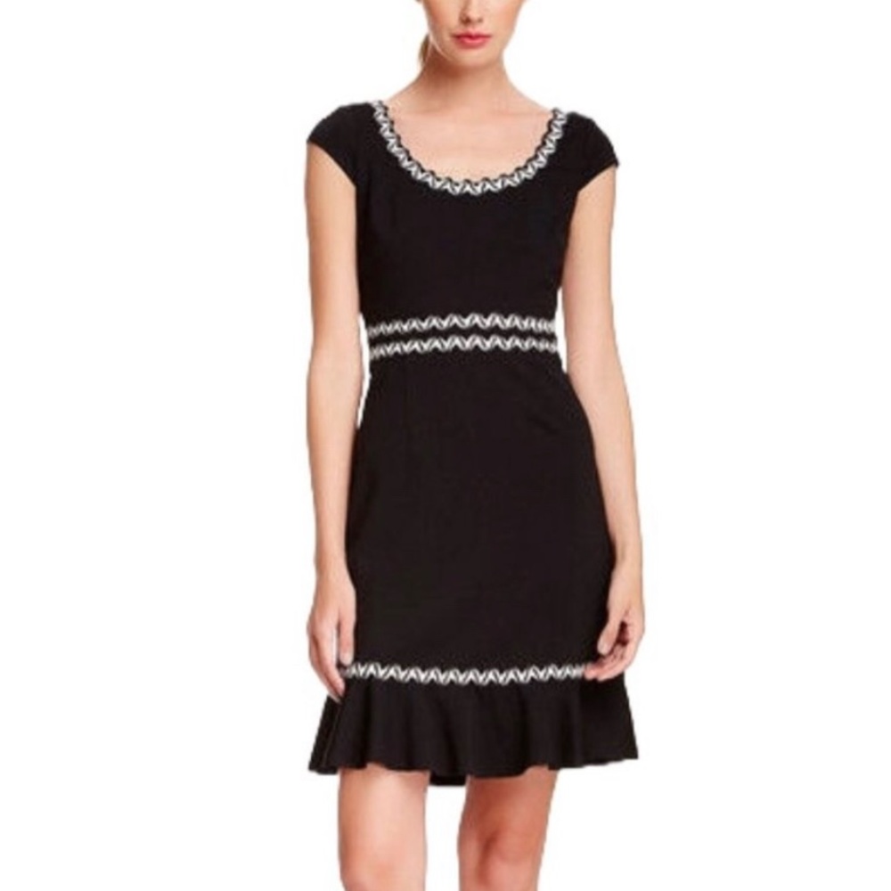Betsy Johnson scoop neck cap sleeve dress with flounce trim and ribbon details